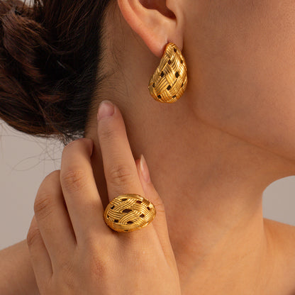 Woven Texture Water Drop Gold Ear Rings