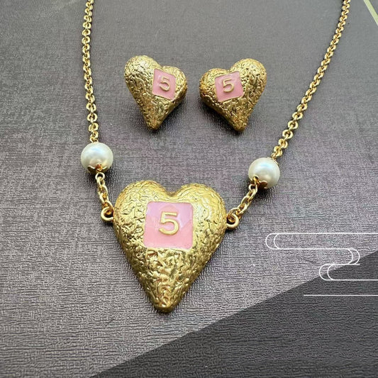 Ear Stud Necklace Golden Set Heart-shaped Number