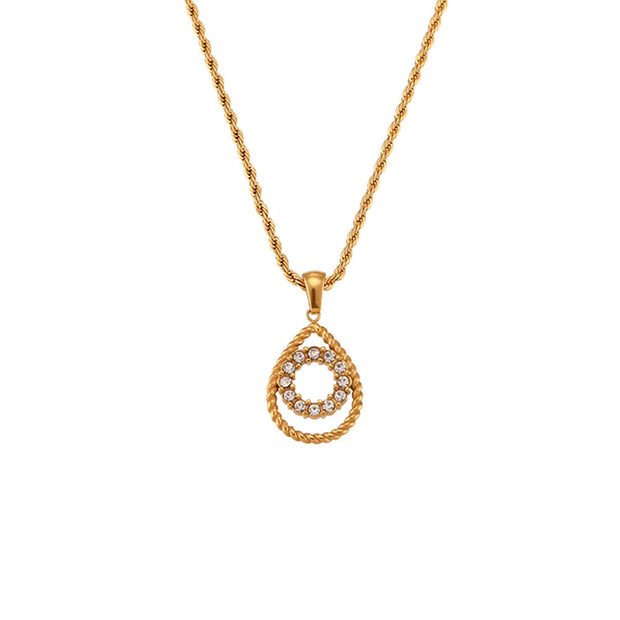 Finely Inlaid Stud Earrings Golden Hollow Water Drop Pendant Necklace