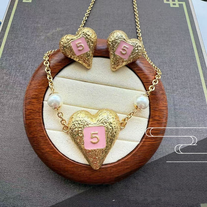 Ear Stud Necklace Golden Set Heart-shaped Number