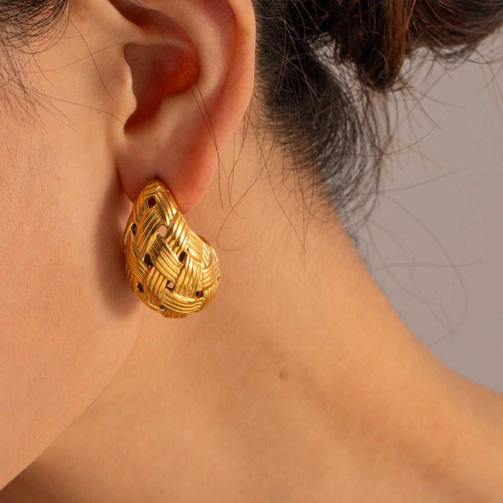 Woven Texture Water Drop Gold Ear Rings