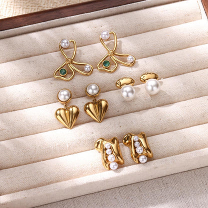 Retro Love Star Pendant Eardrops 18K Dold Pearl Inlaid Stainless Steel