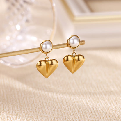 Retro Love Star Pendant Eardrops 18K Dold Pearl Inlaid Stainless Steel