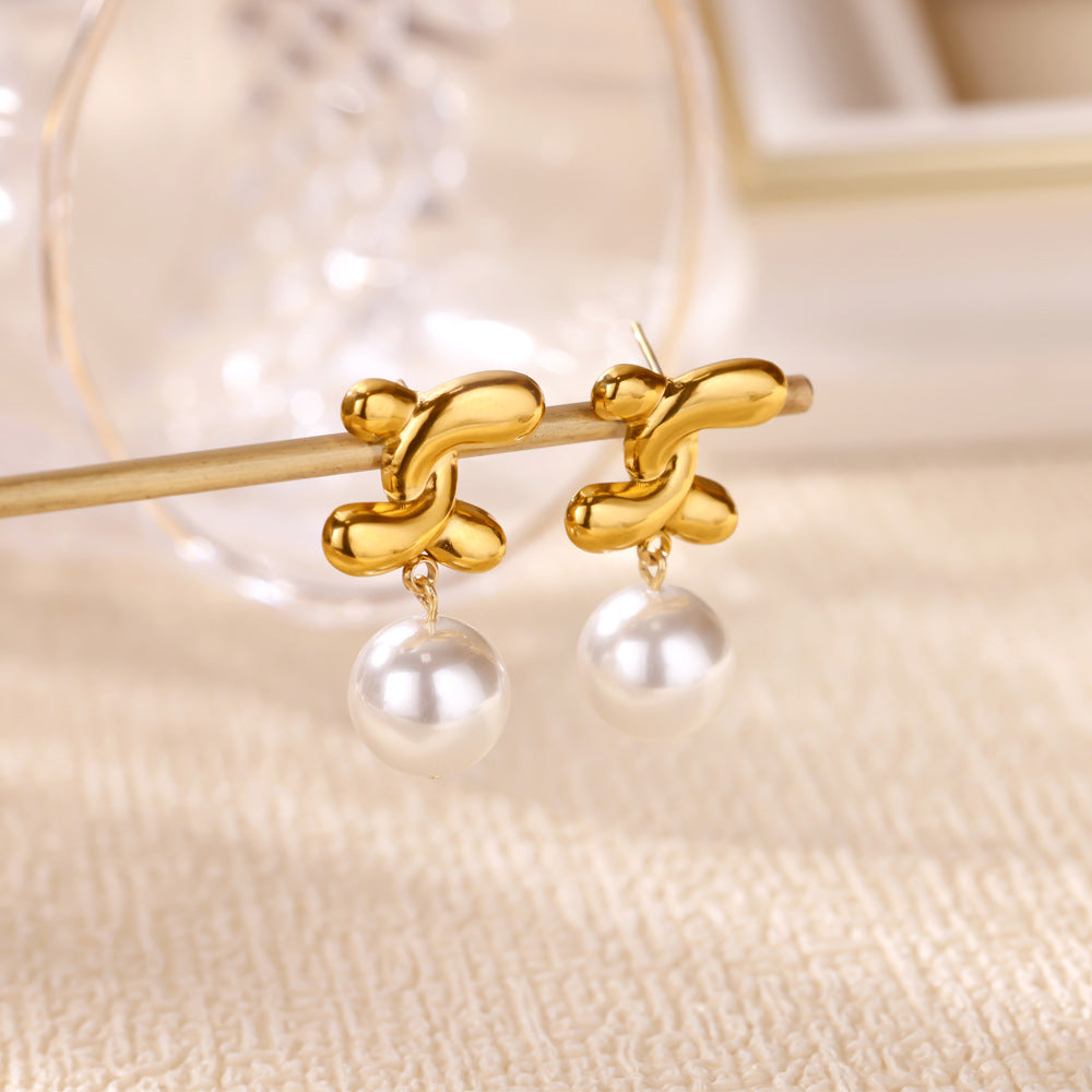 Retro Love Star Pendant Eardrops 18K Dold Pearl Inlaid Stainless Steel