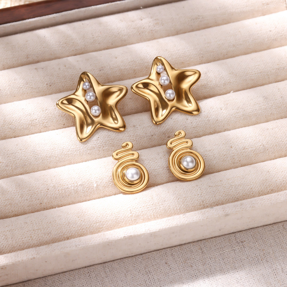 Retro Love Star Pendant Eardrops 18K Dold Pearl Inlaid Stainless Steel