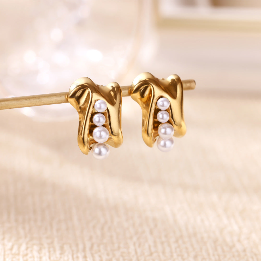 Retro Love Star Pendant Eardrops 18K Dold Pearl Inlaid Stainless Steel