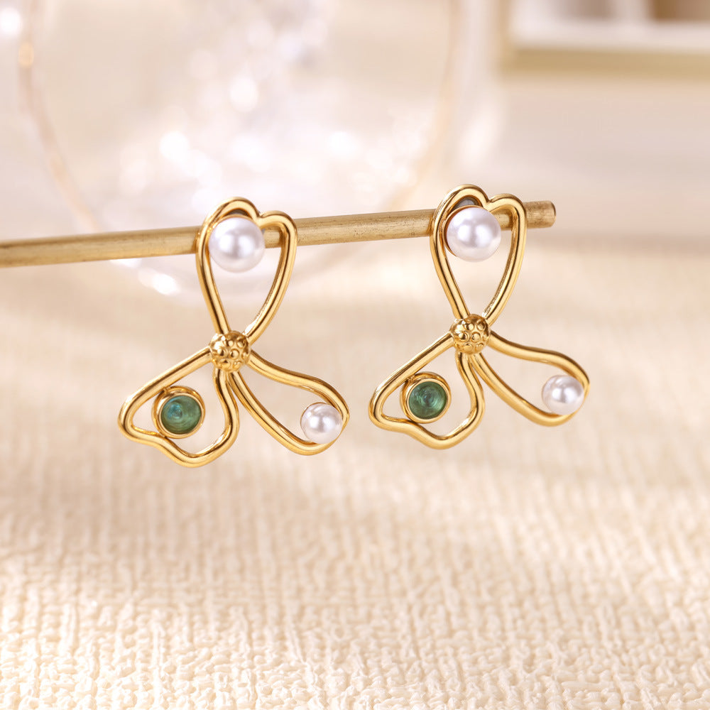 Retro Love Star Pendant Eardrops 18K Dold Pearl Inlaid Stainless Steel