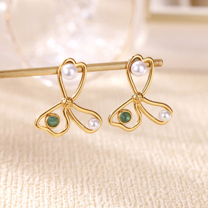 Retro Love Star Pendant Eardrops 18K Dold Pearl Inlaid Stainless Steel