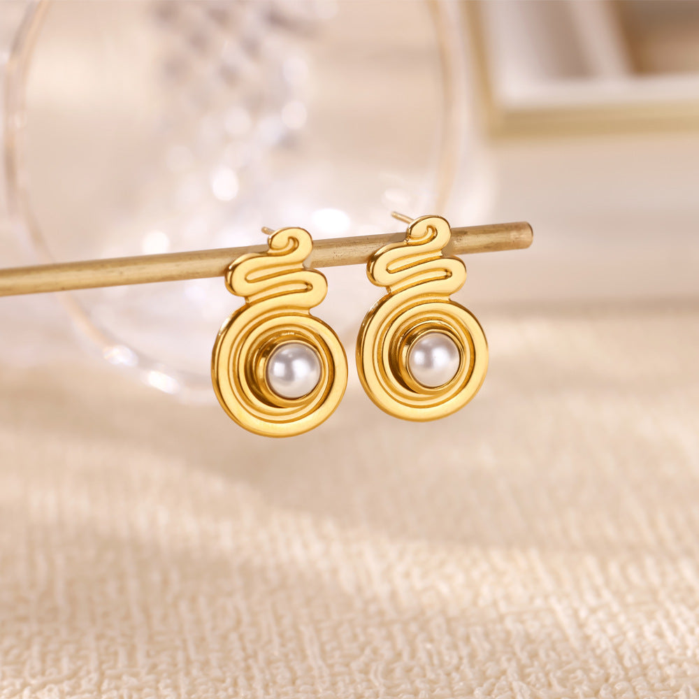 Retro Love Star Pendant Eardrops 18K Dold Pearl Inlaid Stainless Steel