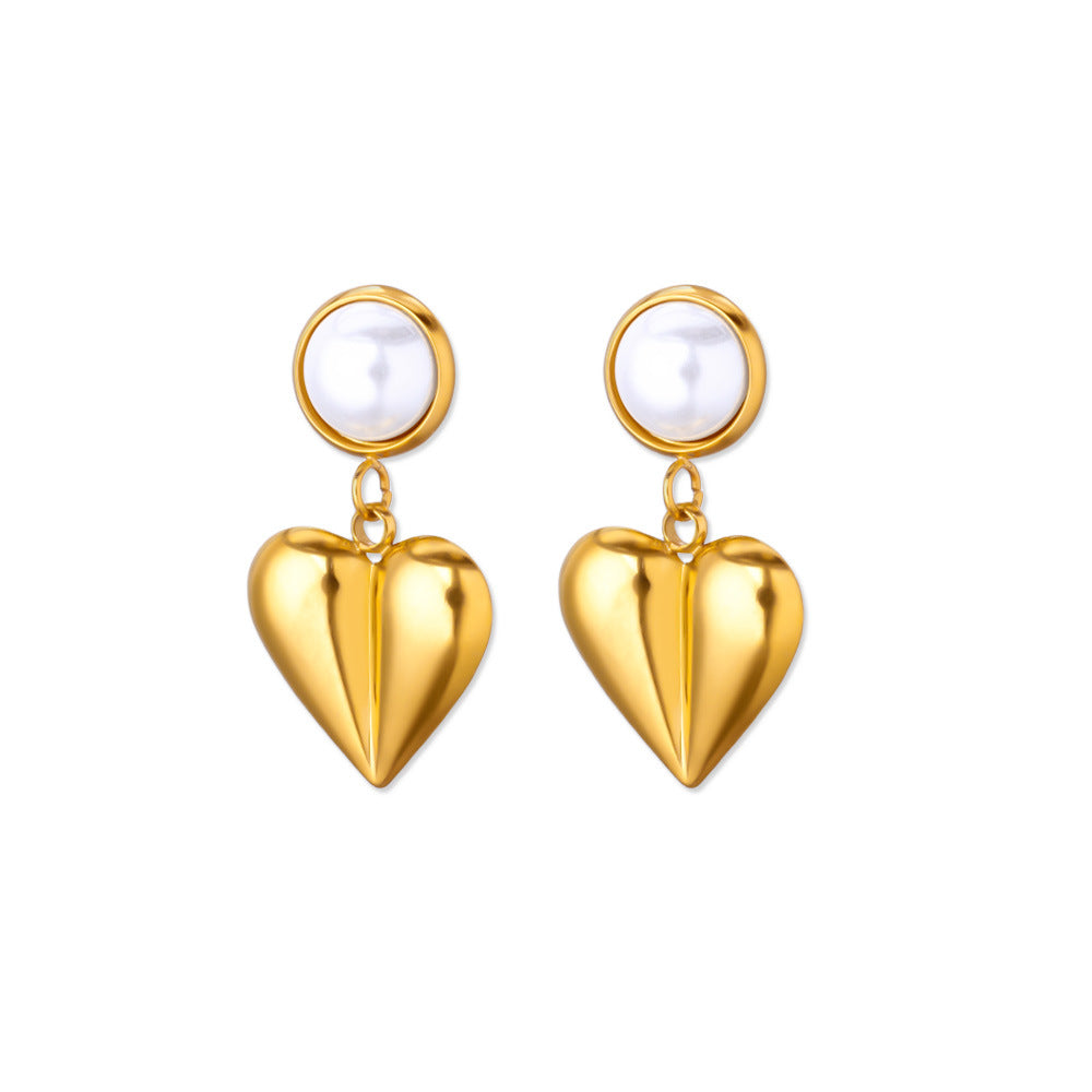Retro Love Star Pendant Eardrops 18K Dold Pearl Inlaid Stainless Steel