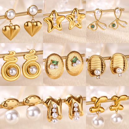 Retro Love Star Pendant Eardrops 18K Dold Pearl Inlaid Stainless Steel