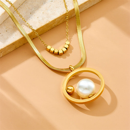 All-match Round Pearl Little Golden Beans Double-layer Necklace