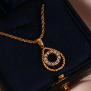 Finely Inlaid Stud Earrings Golden Hollow Water Drop Pendant Necklace