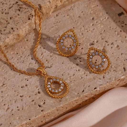 Finely Inlaid Stud Earrings Golden Hollow Water Drop Pendant Necklace
