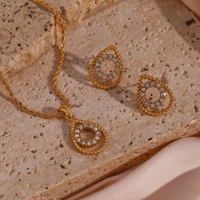 Finely Inlaid Stud Earrings Golden Hollow Water Drop Pendant Necklace