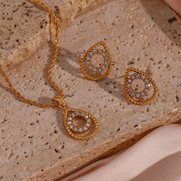 Finely Inlaid Stud Earrings Golden Hollow Water Drop Pendant Necklace