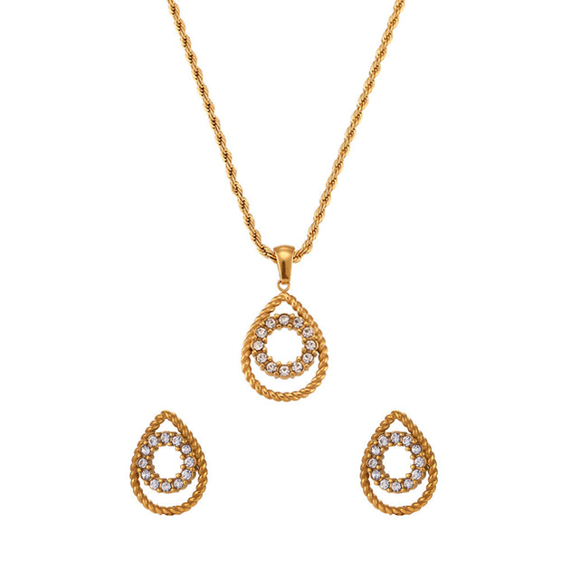 Finely Inlaid Stud Earrings Golden Hollow Water Drop Pendant Necklace