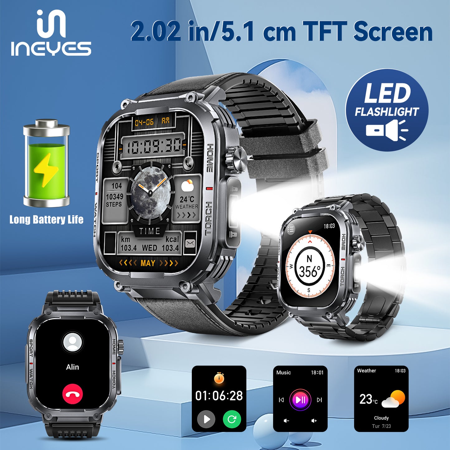 INEYES S320B Smartwatch with Sport Modes & LED Light